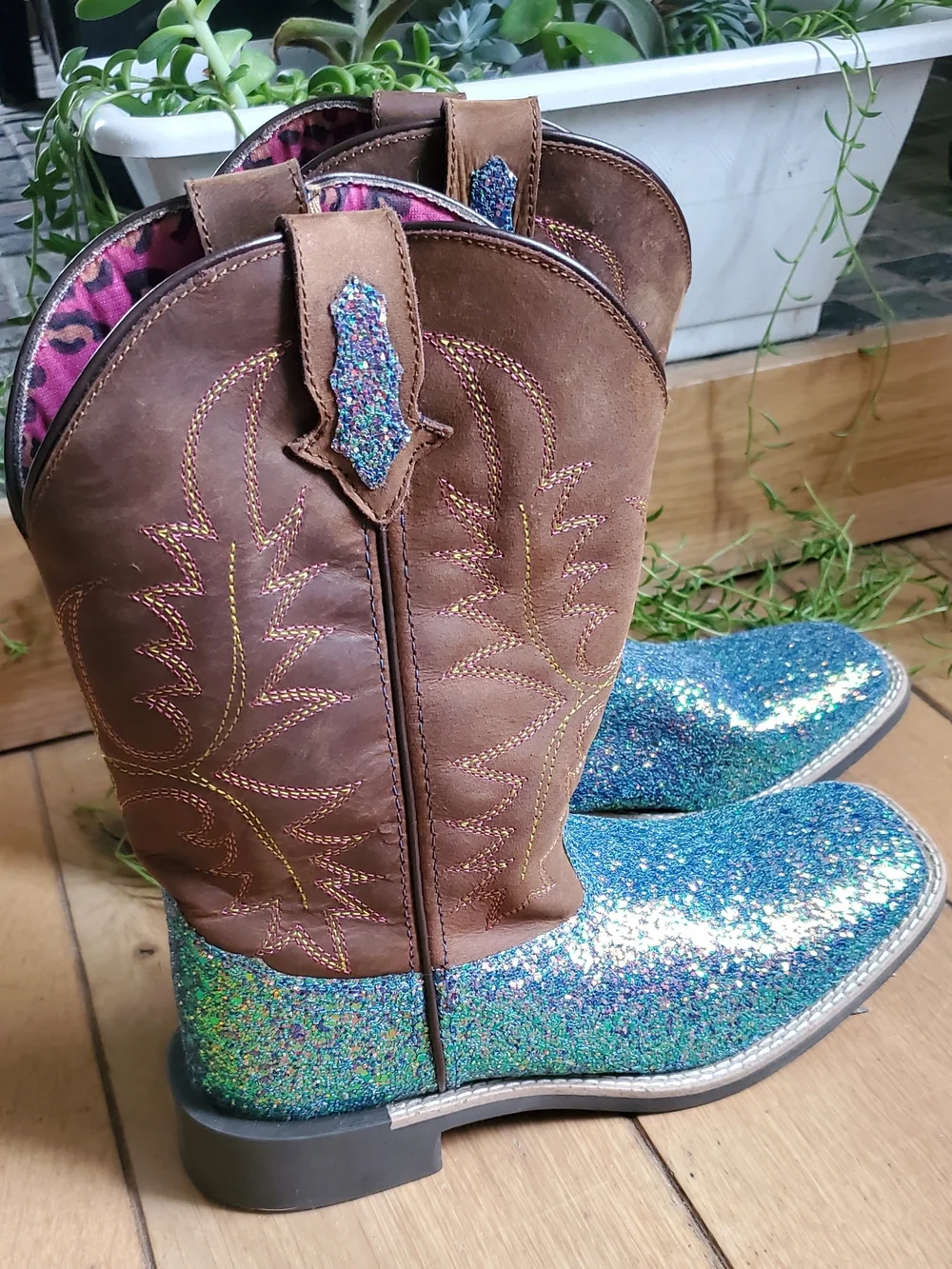 Girls' Brown Leather & Teal Glitter Cowboy Boots